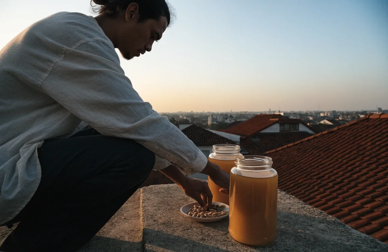 A rooftop rail at dawn in Bandung with two unbranded jars on the ledge and the city below