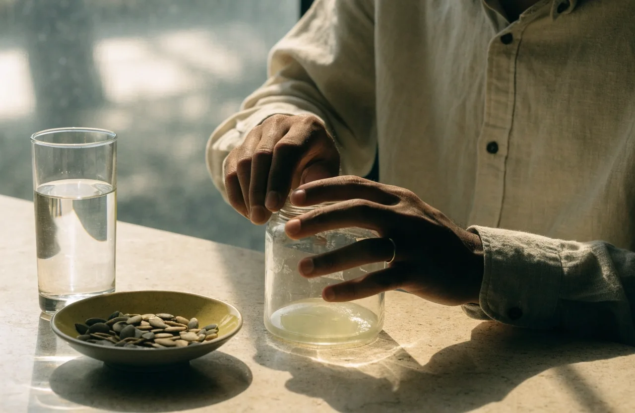 An open unbranded jar with a capsule on its lid beside a glass of water on a kitchen counter