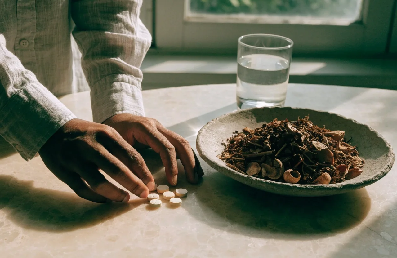 Five plain coloured supplement plates and a shallow dish of dried botanicals laid out on paper