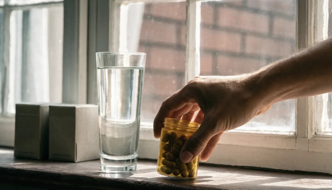 Morning light on a Bandung editorial windowsill with an unbranded jar, a water glass and plain unmarked cartons