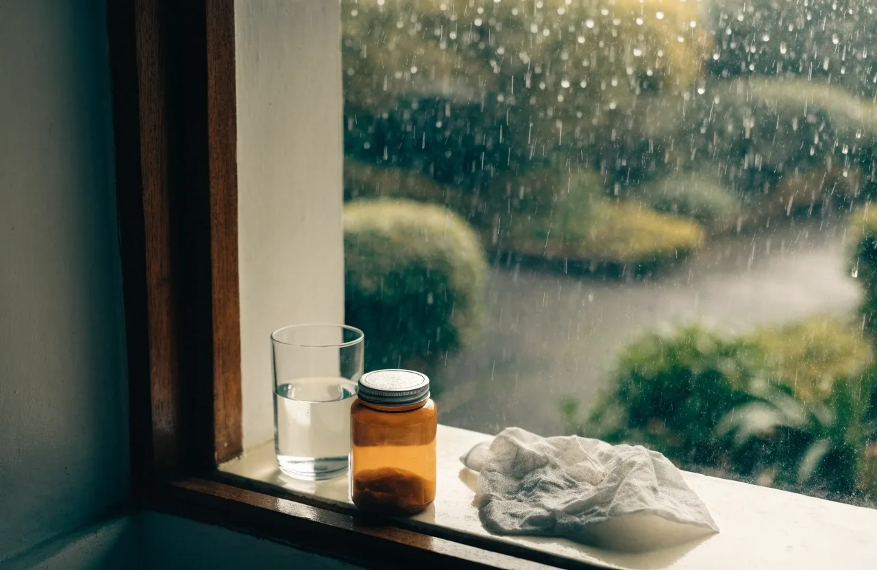 Rain-streaked Bandung window sill with a water glass, a folded towel and one unbranded amber jar in soft morning light