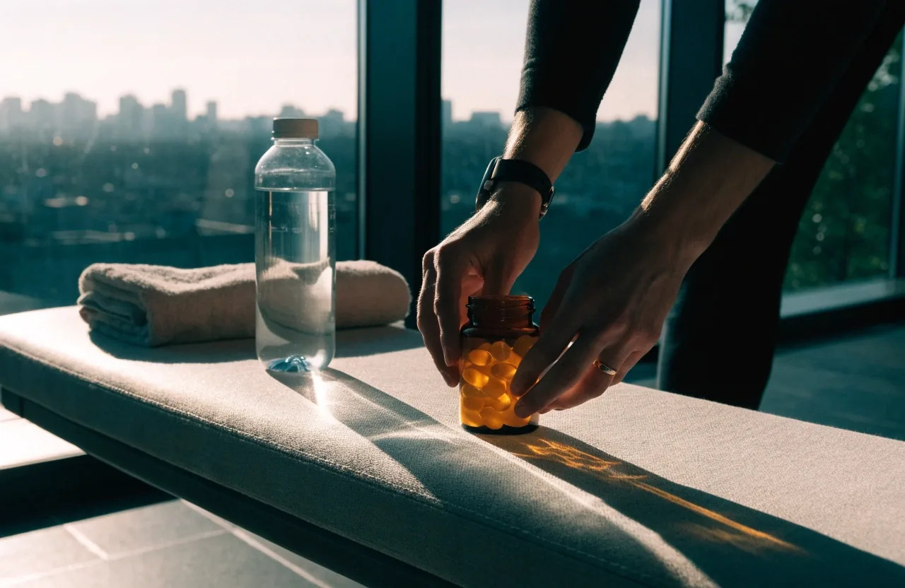 Man drinking from a water bottle at a bright gym window, rooftop horizon behind the glass