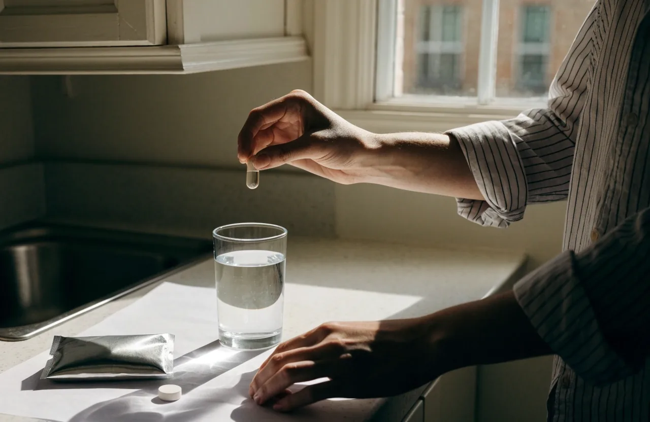 Overhead arrangement of unbranded capsule, caplet and travel pack beside a glass of water