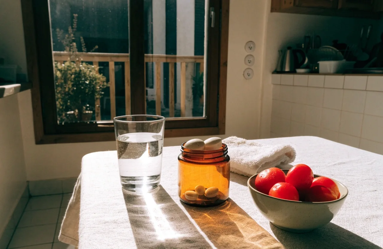 Sunlit kitchen table with an open unbranded jar, water glass and a small bowl of cherries