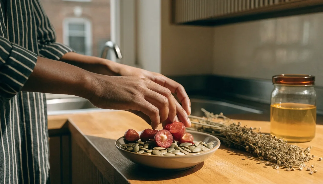 Acerola cherries, pumpkin seeds and dried herb stems beside a plain amber jar