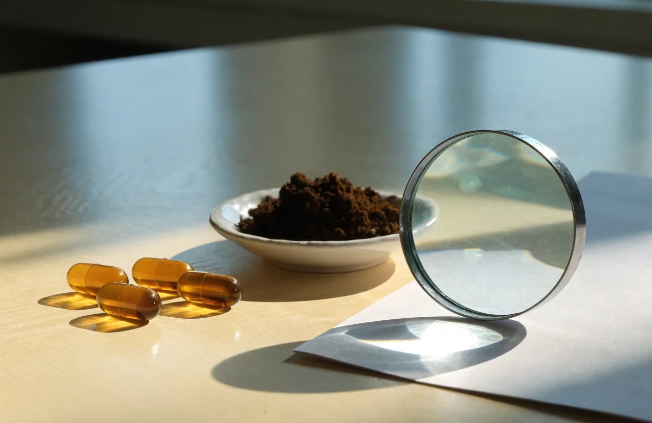 Flat gouache illustration of a morning desk with unbranded amber capsules, a dish of dried botanical extract and a magnifying lens on plain paper