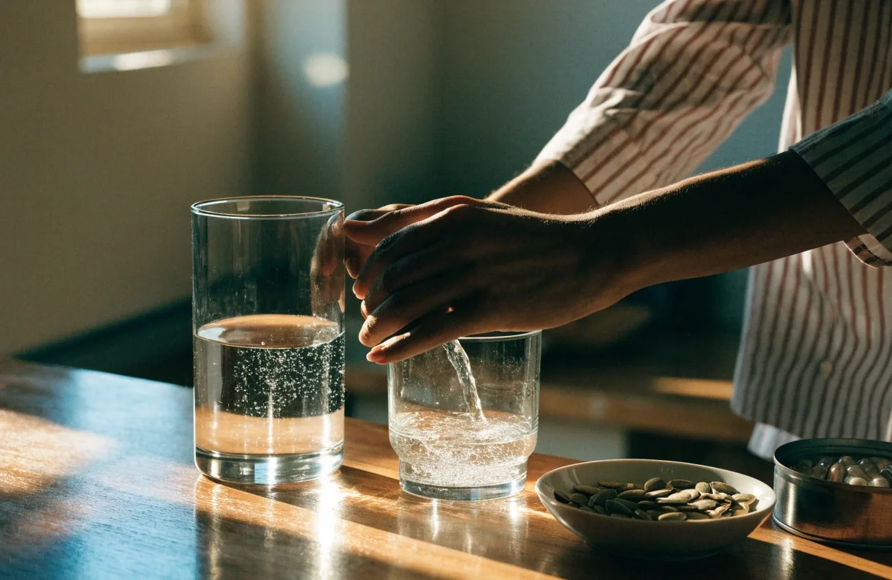 Hands pouring water into a glass on a kitchen counter beside an open container of capsules and a dish of pumpkin seeds in warm morning light