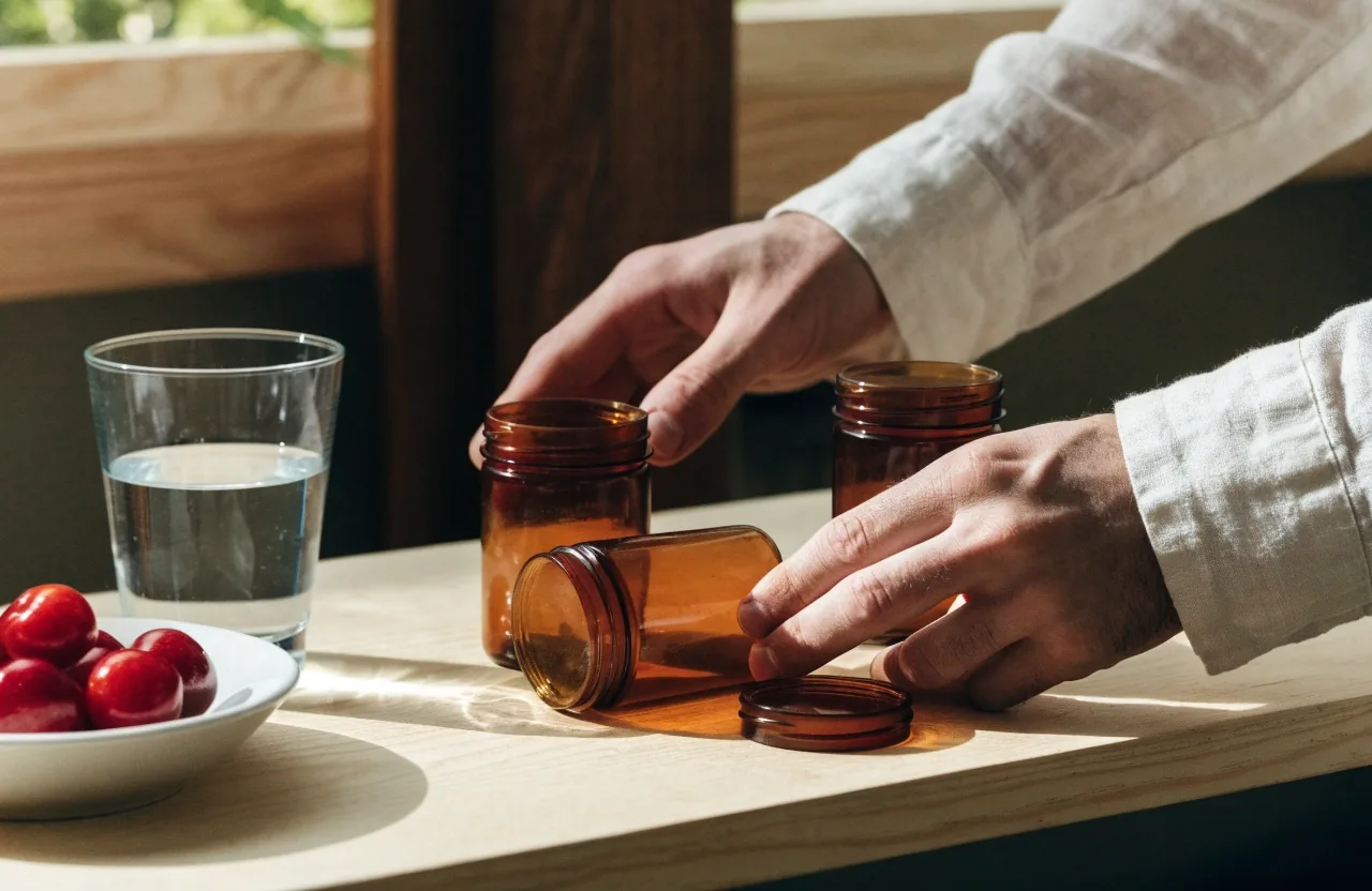 Three unbranded amber jars standing on a pale wooden shelf in soft morning light