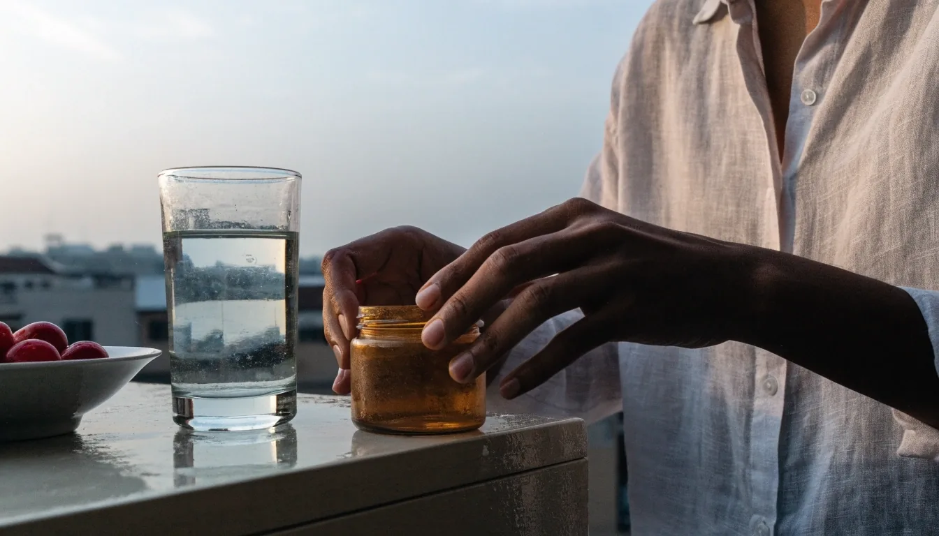A morning balcony shelf in Bandung with amber jars, a water glass and a dawn horizon beyond the rail, painted in flat gouache