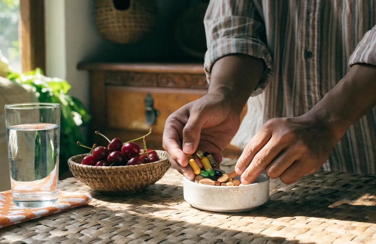 A painted shelf scene: unbranded amber supplement jars, a water glass and a dish of acerola cherries beside a folded towel, warm morning light on a quiet wall