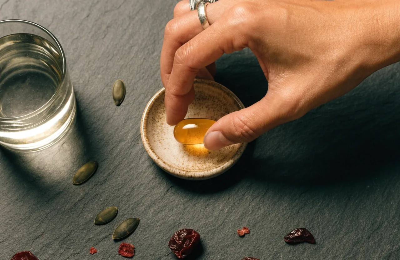 A painted close view: one amber capsule held above an open jar beside a dish of cherries and seeds