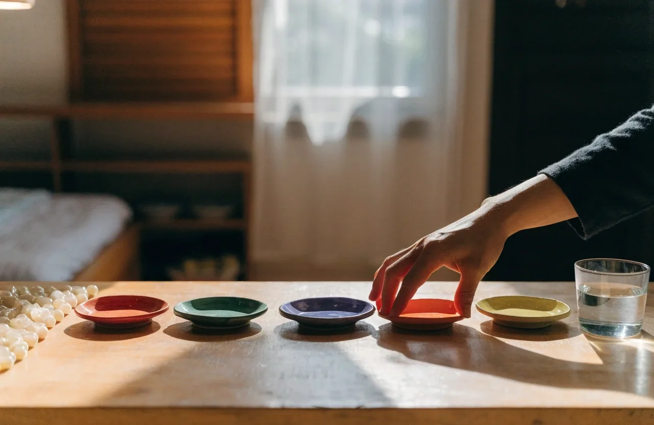An overhead painted arrangement of five small coloured dishes in a row on a pale table beside a glass of water