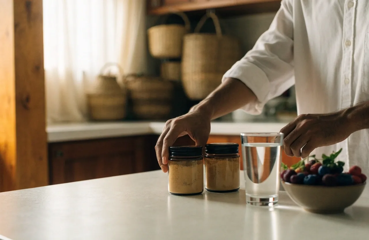 Illustration of two unbranded amber jars and a water glass on a pale shelf, with a dish of berries and a folded towel